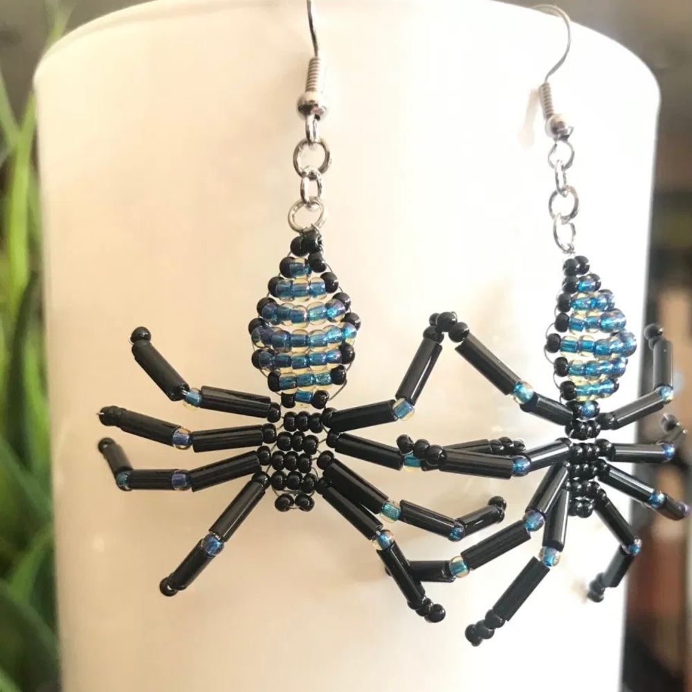 Beaded Spider Earrings in Black and Blue